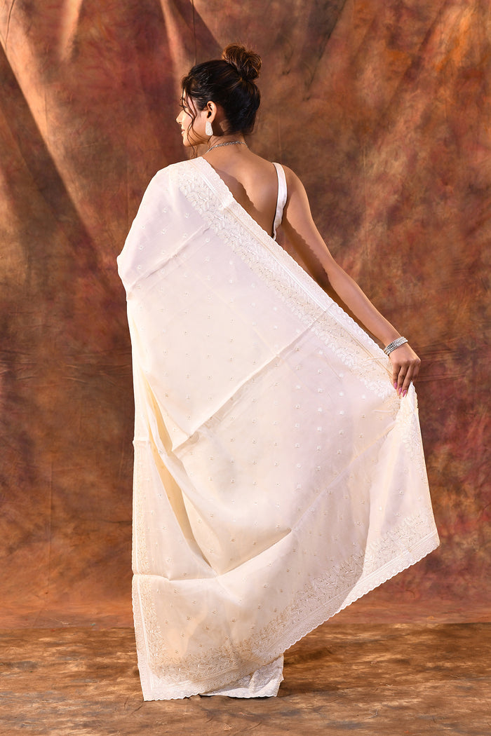 White Floral Silk Blend Saree