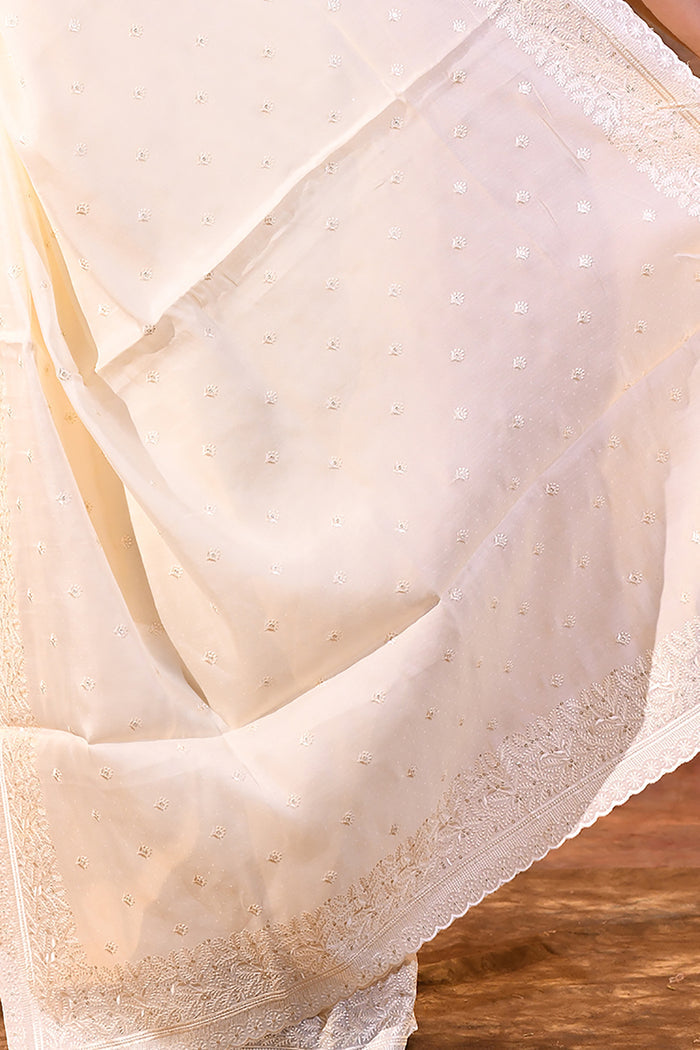 White Floral Silk Blend Saree