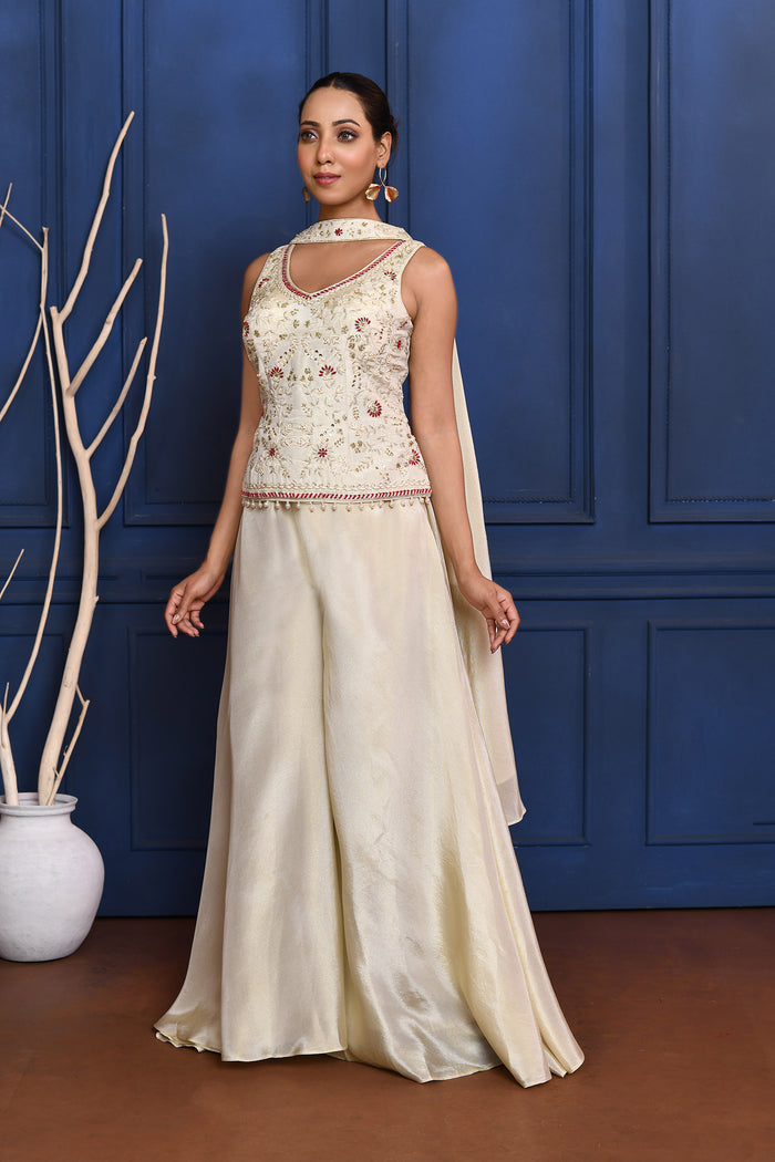 White Floral Tissue Indo-Western Set