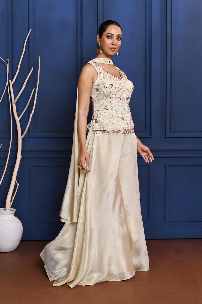 White Floral Tissue Indo-Western Set