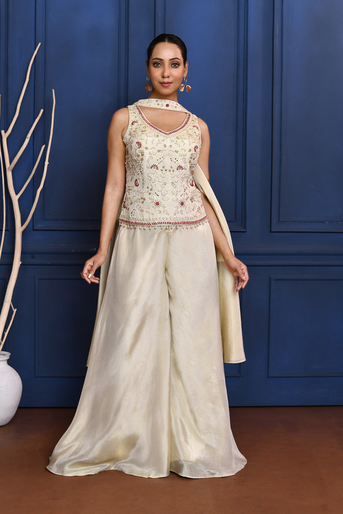 White Floral Tissue Indo-Western Set
