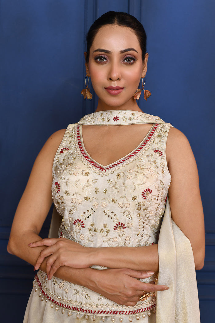 White Floral Tissue Indo-Western Set