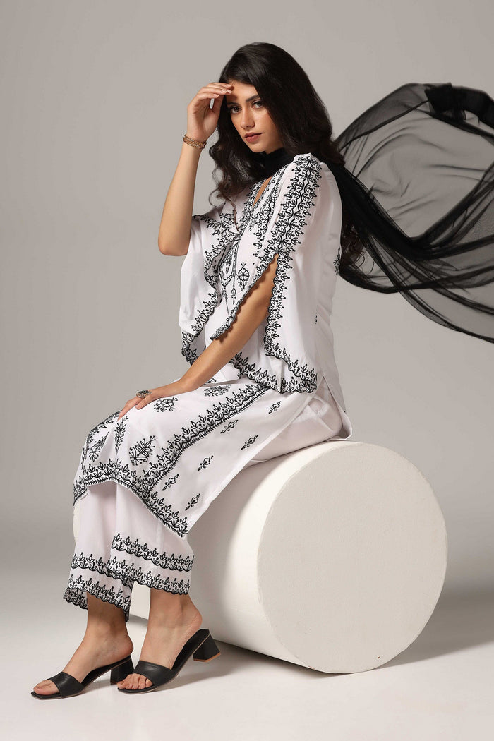 White French Crepe Kurti With Pants With Dupatta