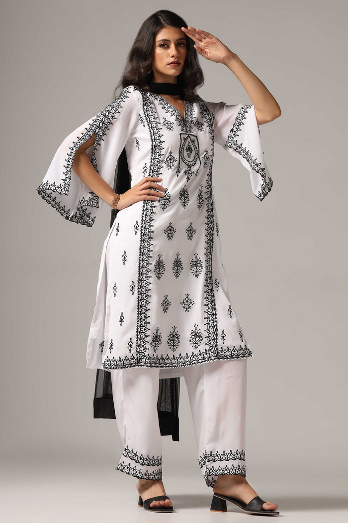 White French Crepe Kurti With Pants With Dupatta