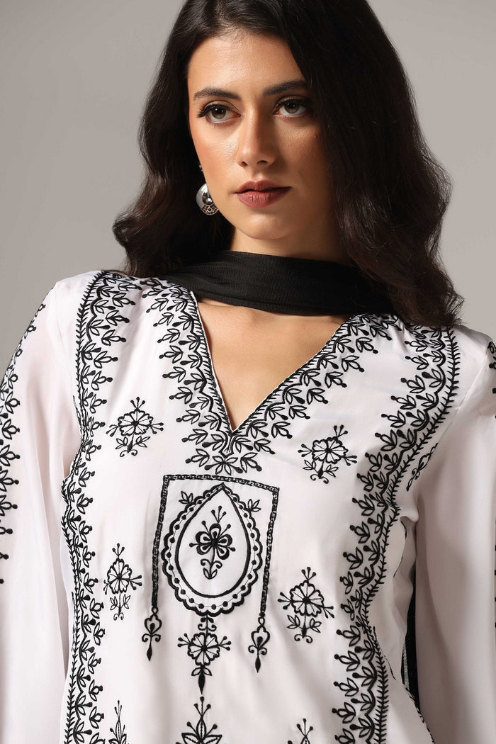 White French Crepe Kurti With Pants With Dupatta
