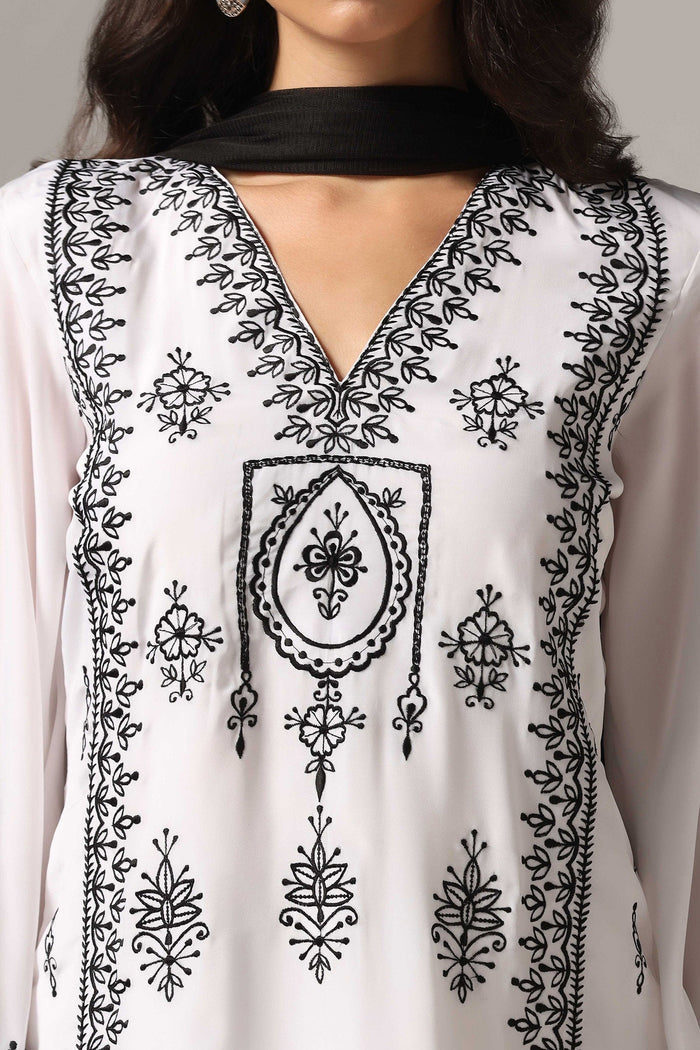 White French Crepe Kurti With Pants With Dupatta