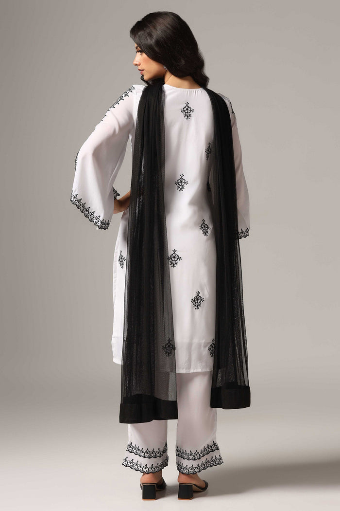 White French Crepe Kurti With Pants With Dupatta