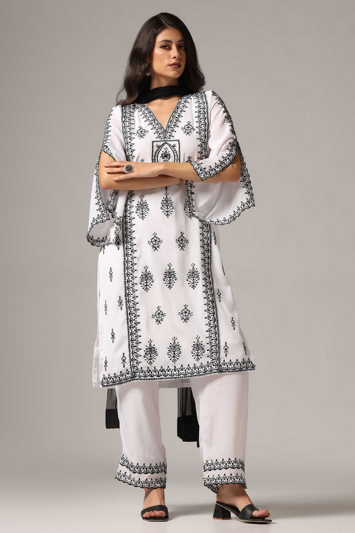 White French Crepe Kurti With Pants With Dupatta