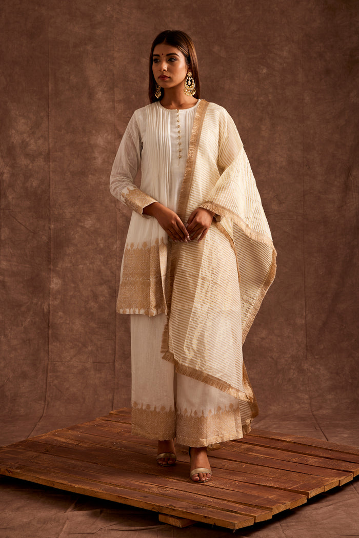 White Fusion Flared Chanderi Suit With Real Zari Weaving