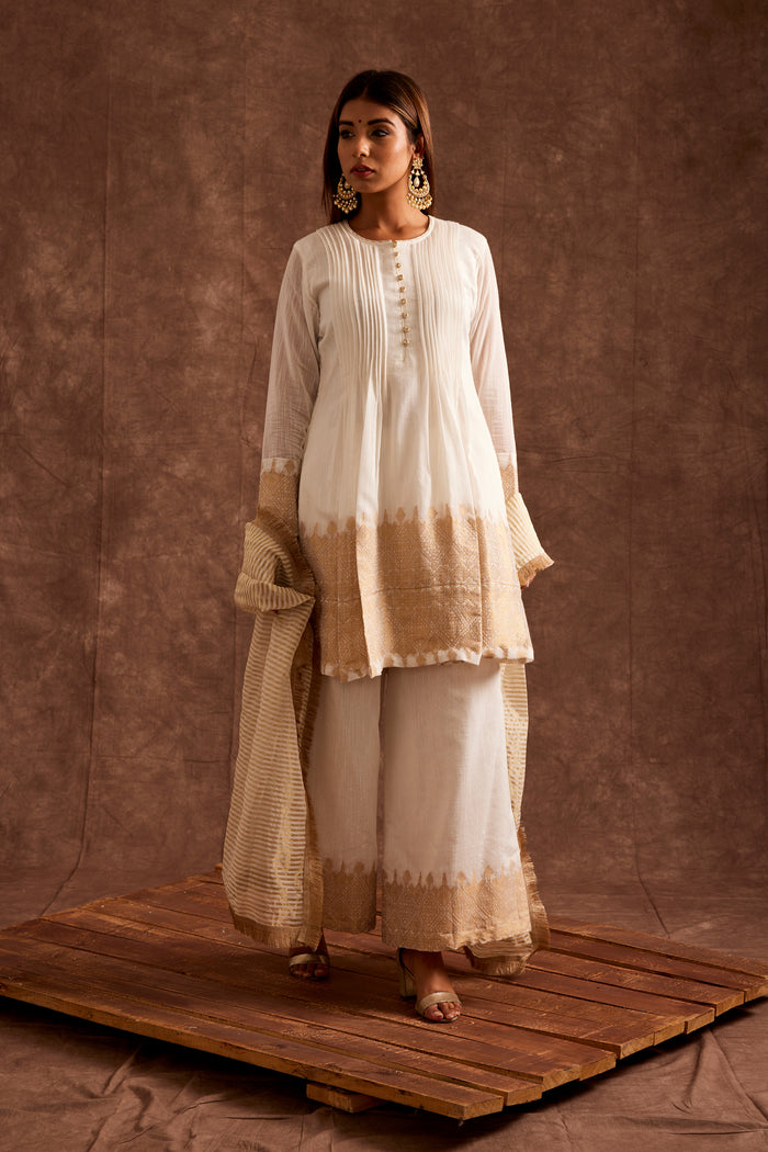White Fusion Flared Chanderi Suit With Real Zari Weaving