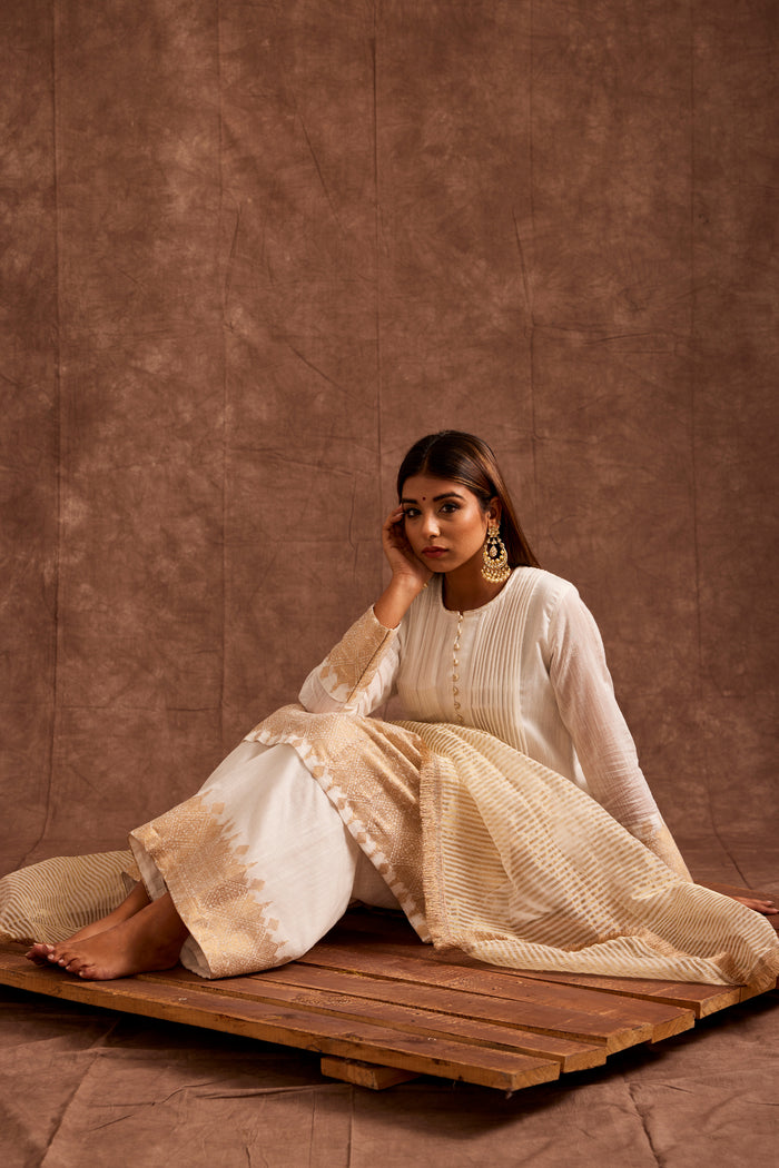 White Fusion Flared Chanderi Suit With Real Zari Weaving