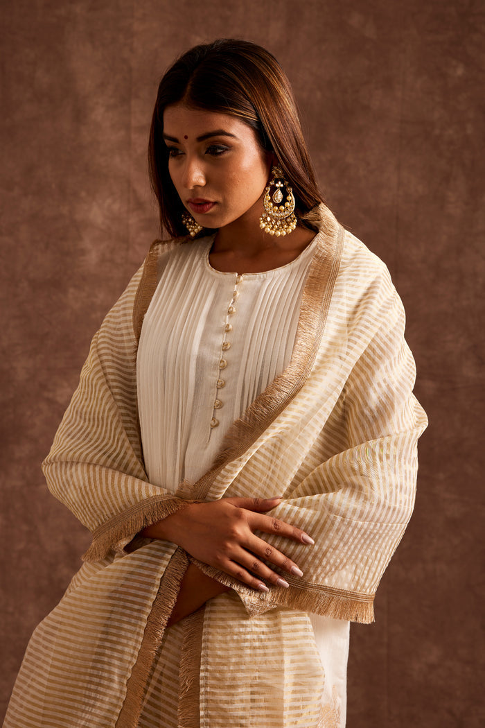 White Fusion Flared Chanderi Suit With Real Zari Weaving