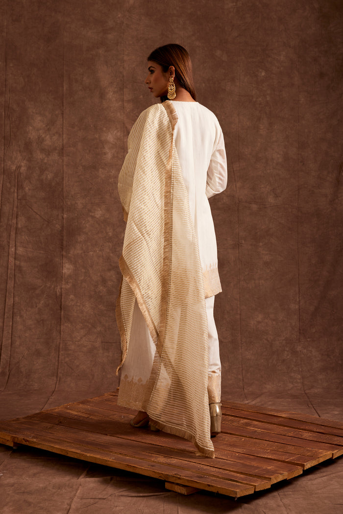 White Fusion Flared Chanderi Suit With Real Zari Weaving