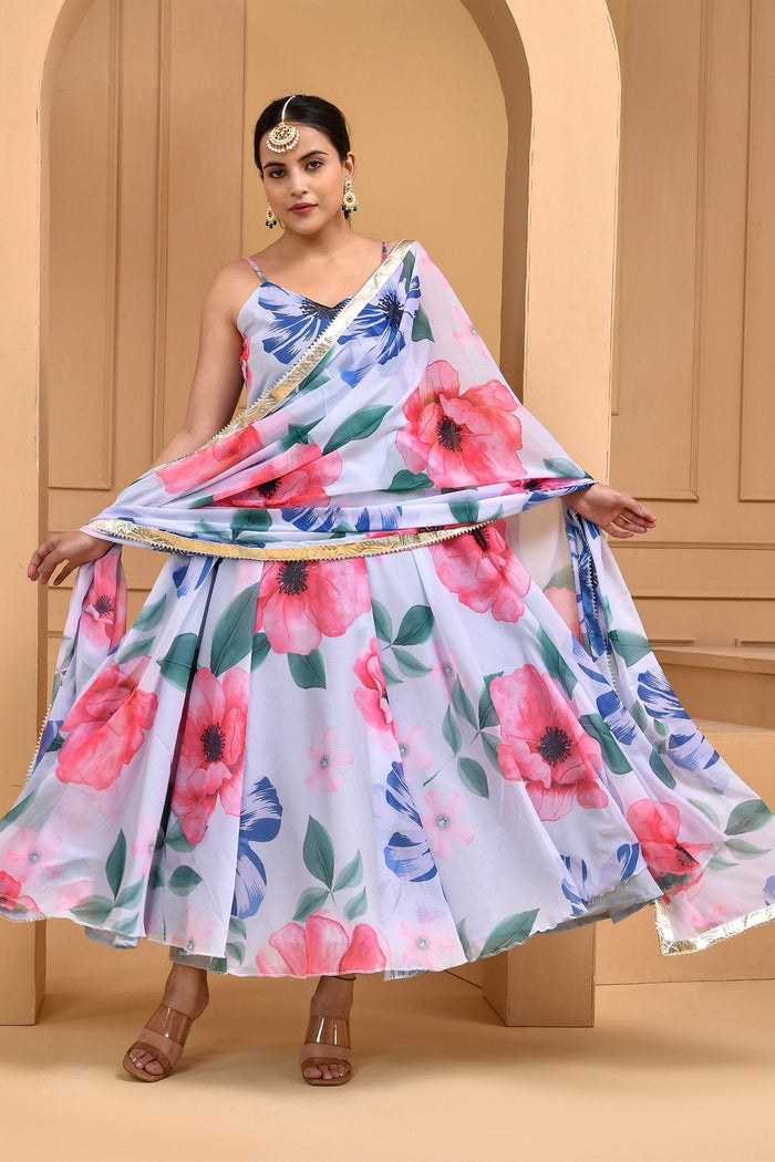 <img> White Georgette Anarkali Set With Digital Print