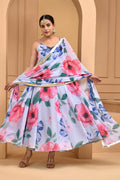<img> White Georgette Anarkali Set With Digital Print