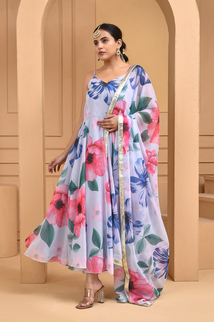 <img> White Georgette Anarkali Set With Digital Print