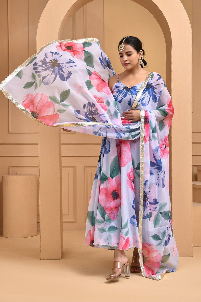 <img> White Georgette Anarkali Set With Digital Print