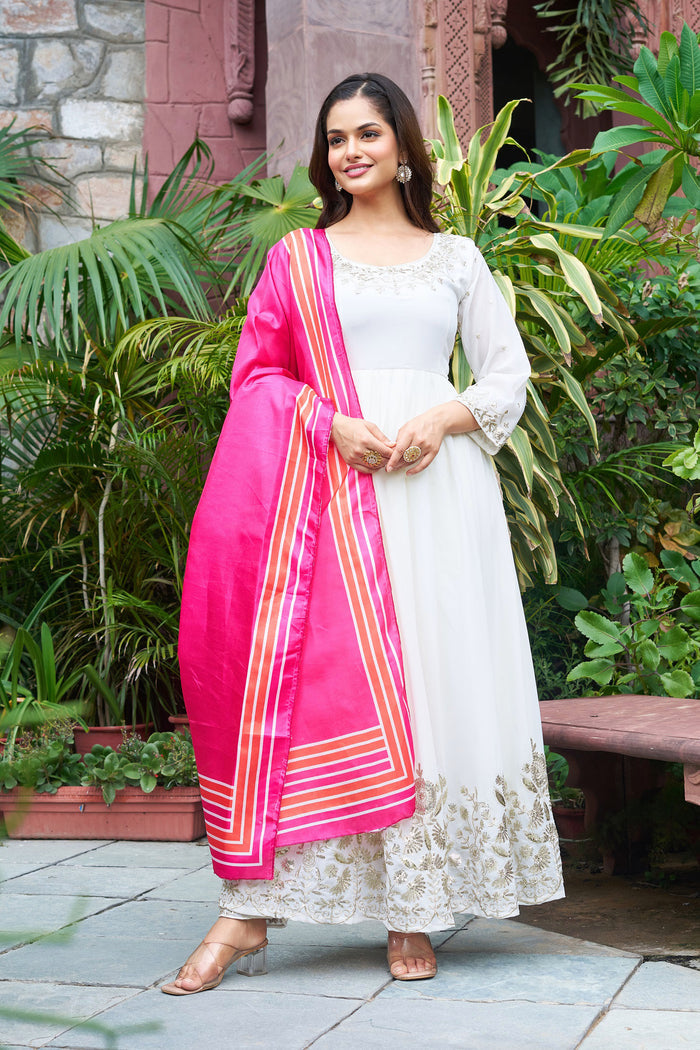 White Georgette Embroidered Anarkali Set