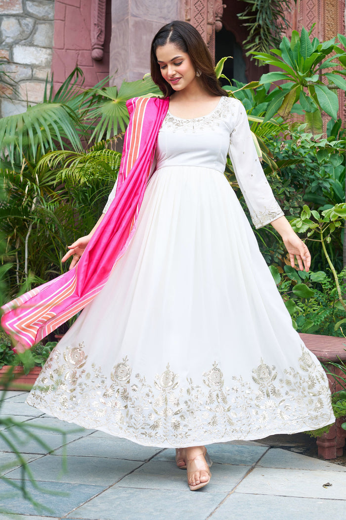 White Georgette Embroidered Anarkali Set