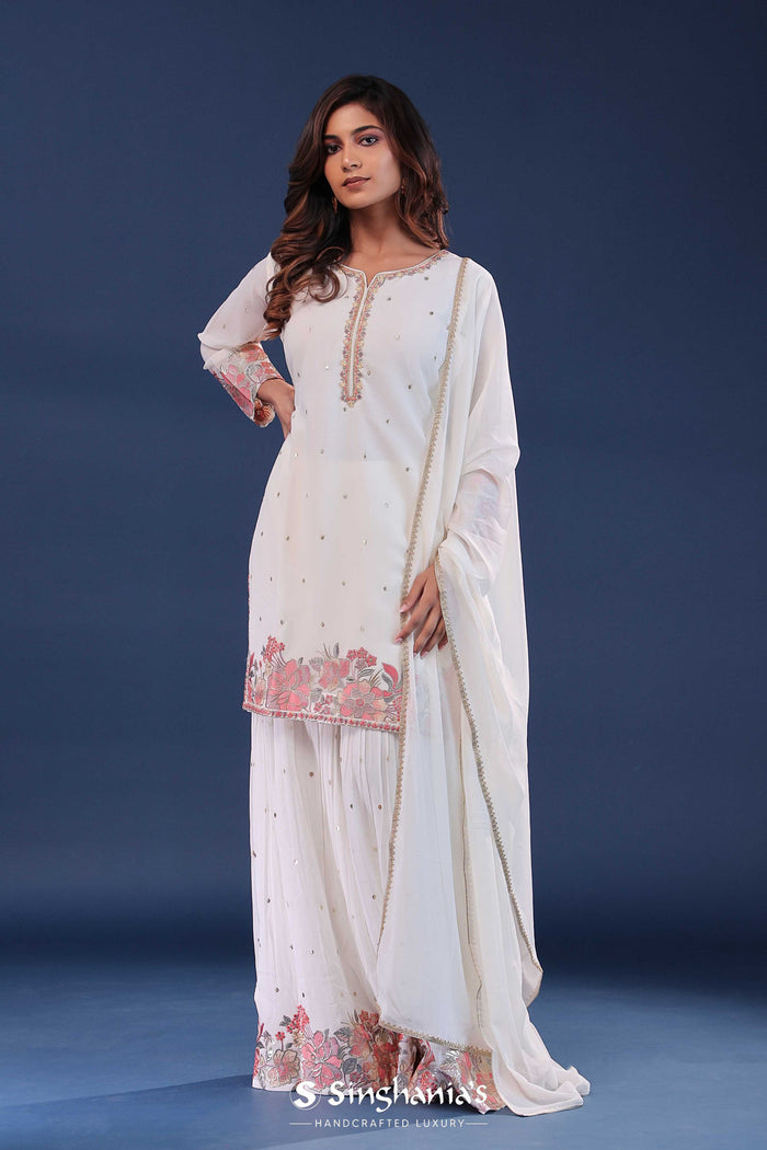 White Georgette Straight Cut Suit Set