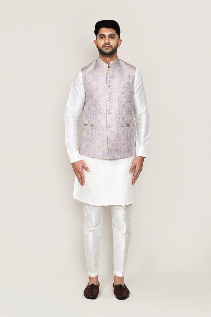 White Jacquard Kurta Set With Grey Jacket