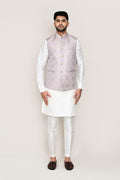 White Jacquard Kurta Set With Grey Jacket