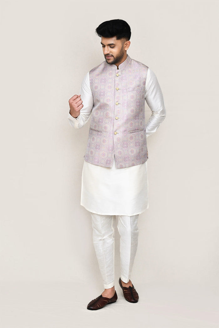 White Jacquard Kurta Set With Grey Jacket