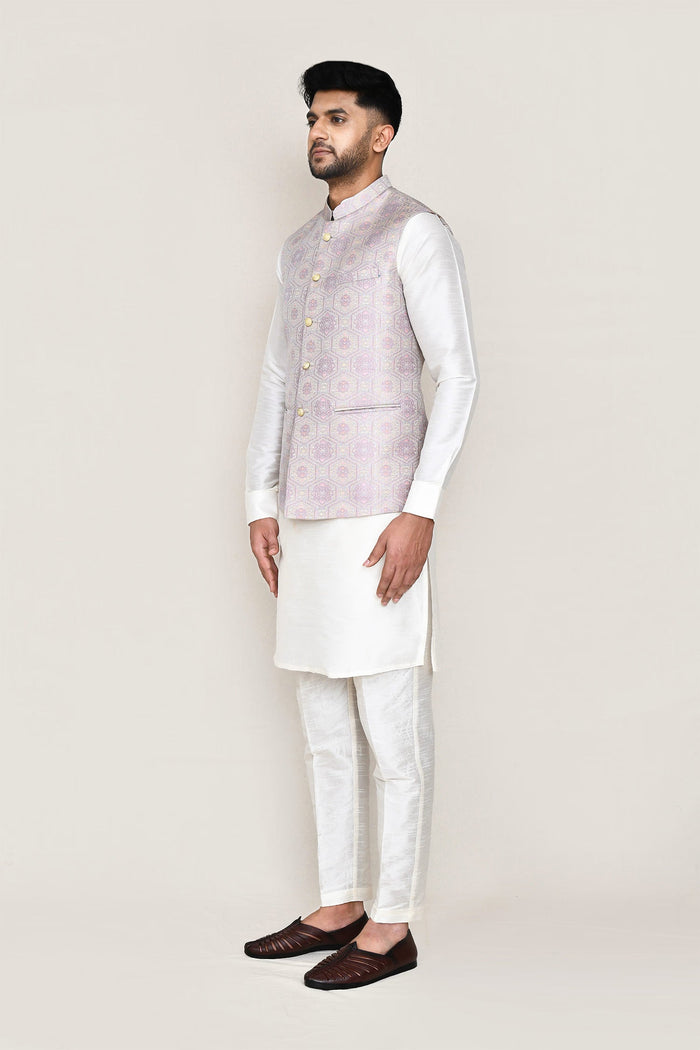 White Jacquard Kurta Set With Grey Jacket