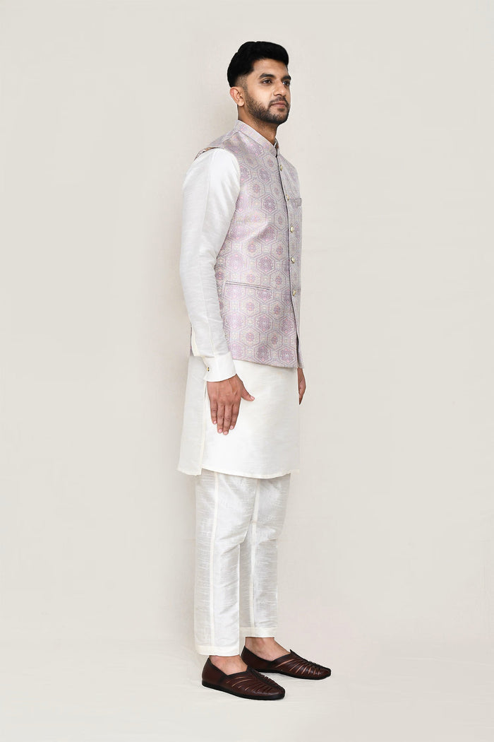 White Jacquard Kurta Set With Grey Jacket