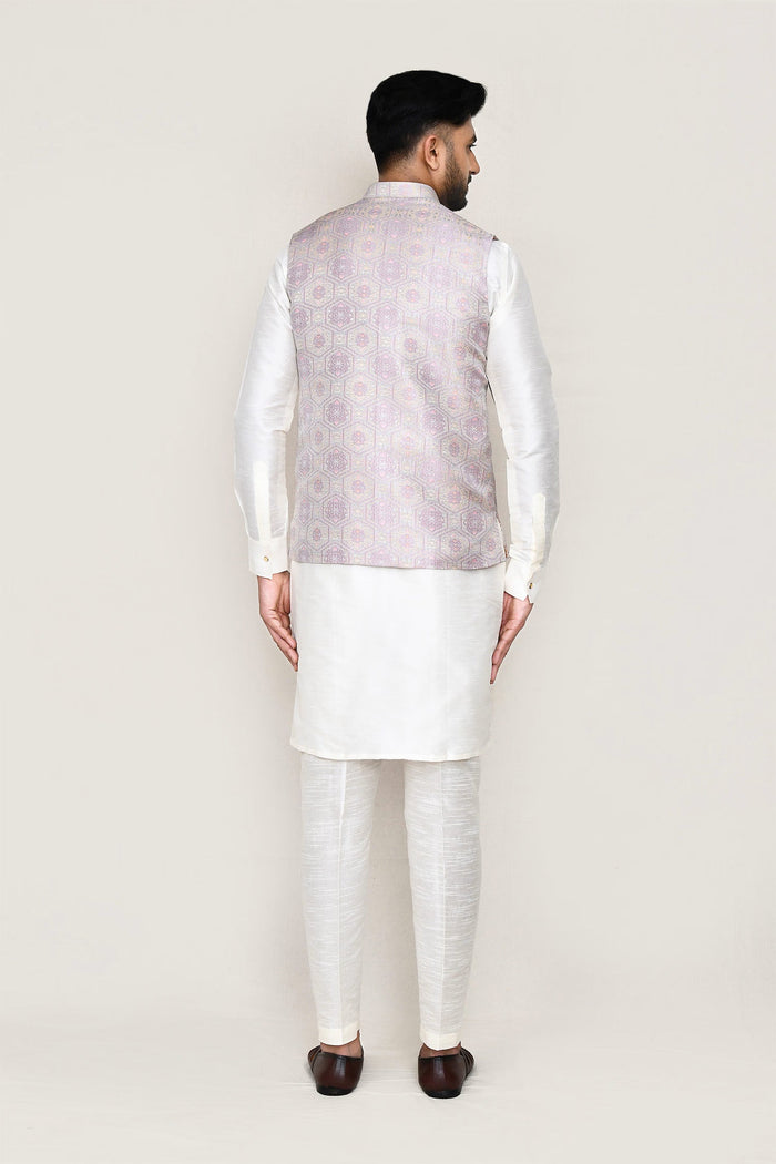 White Jacquard Kurta Set With Grey Jacket