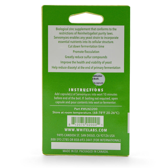 backside of White Labs Servomyces Yeast Nutrient