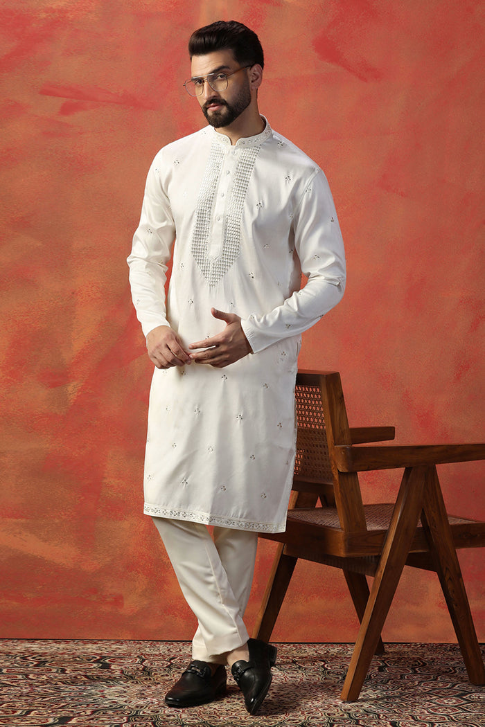 White Off Silk Blend Embroidered Kurta