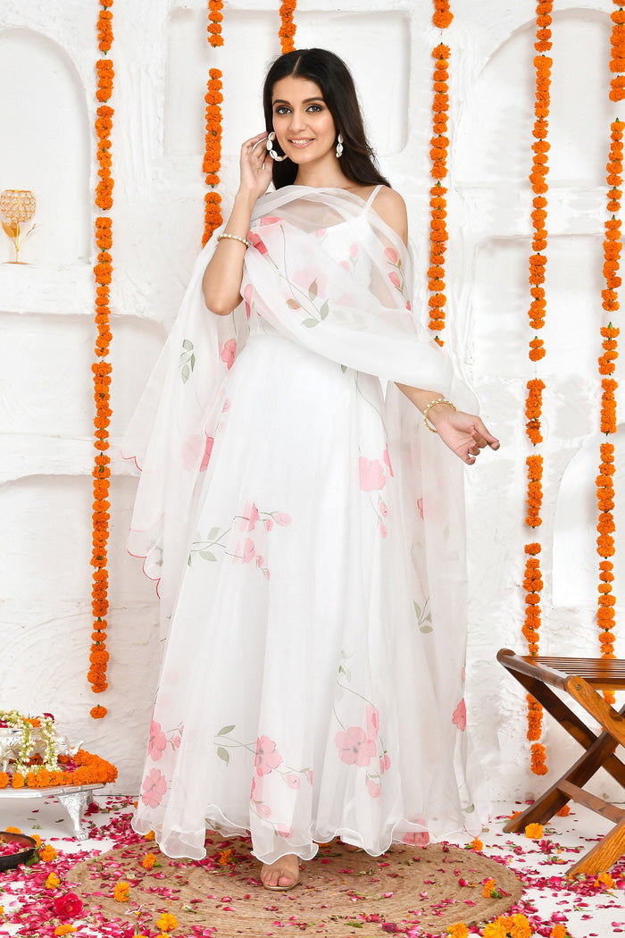 <img> White Organza Anarkali Set With Floral Prints