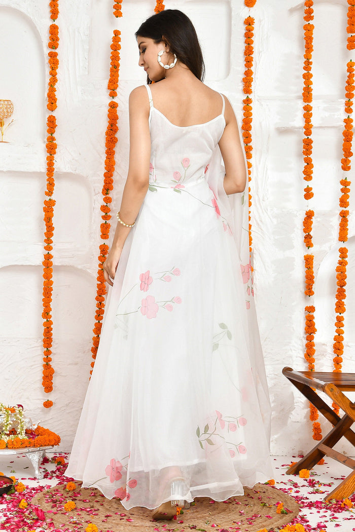 <img> White Organza Anarkali Set With Floral Prints