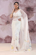 <img> White Organza Saree With Embroidery