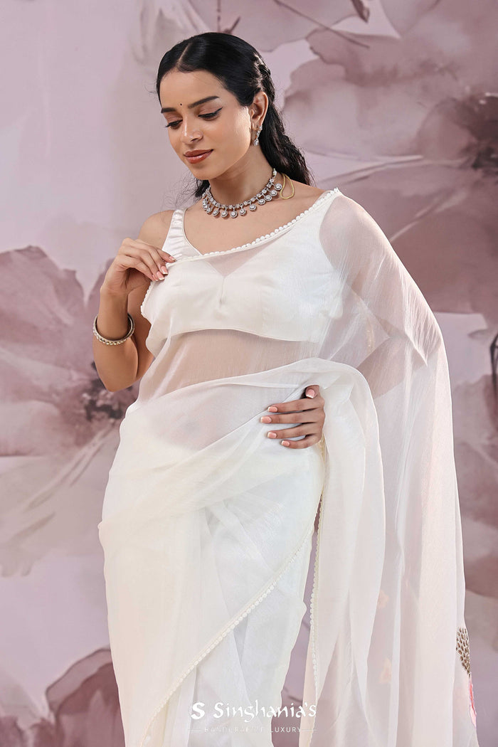 <img> White Organza Saree With Embroidery