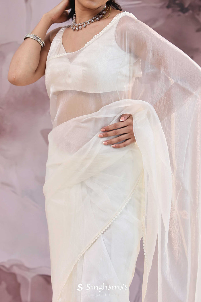 <img> White Organza Saree With Embroidery