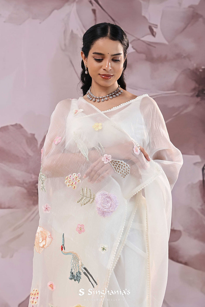<img> White Organza Saree With Embroidery