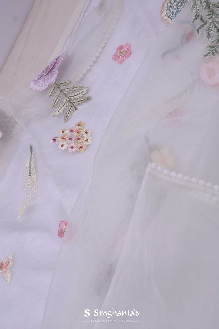 <img> White Organza Saree With Embroidery