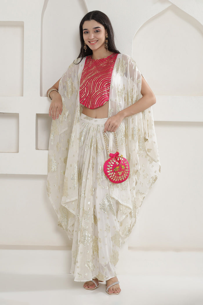 White & Pink Kaftan Kurti With Skirt
