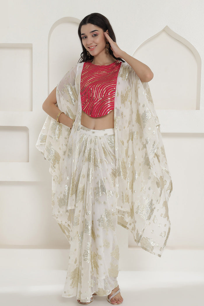 White & Pink Kaftan Kurti With Skirt