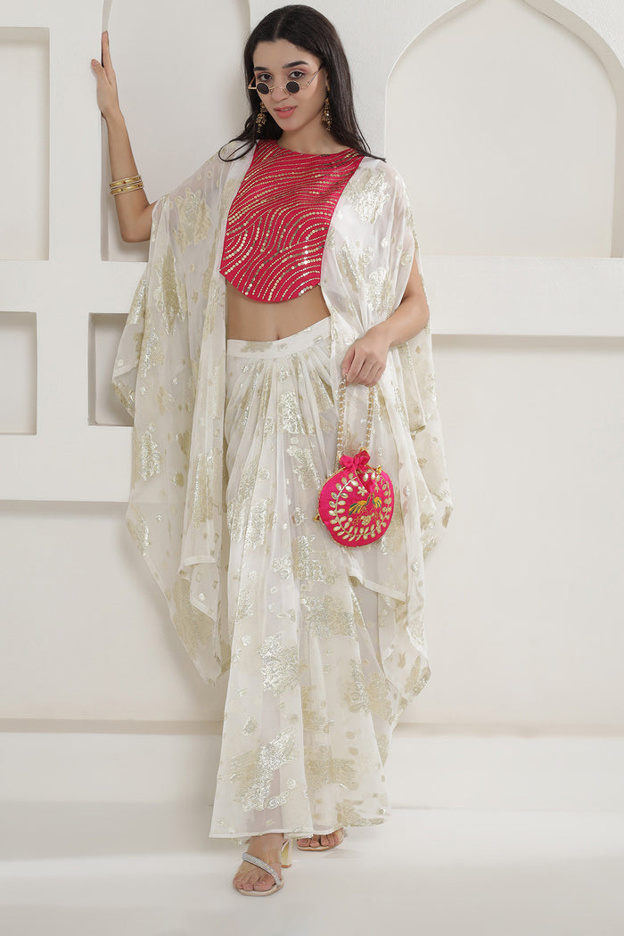White & Pink Kaftan Kurti With Skirt