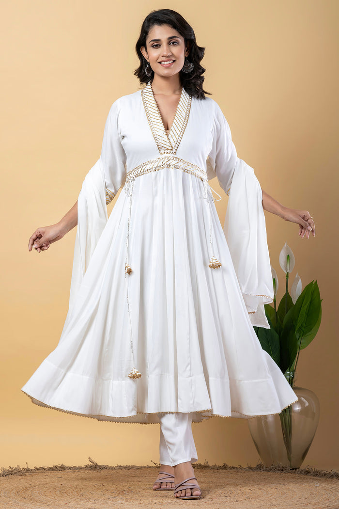 White Rayon Gota Work Anarkali Set