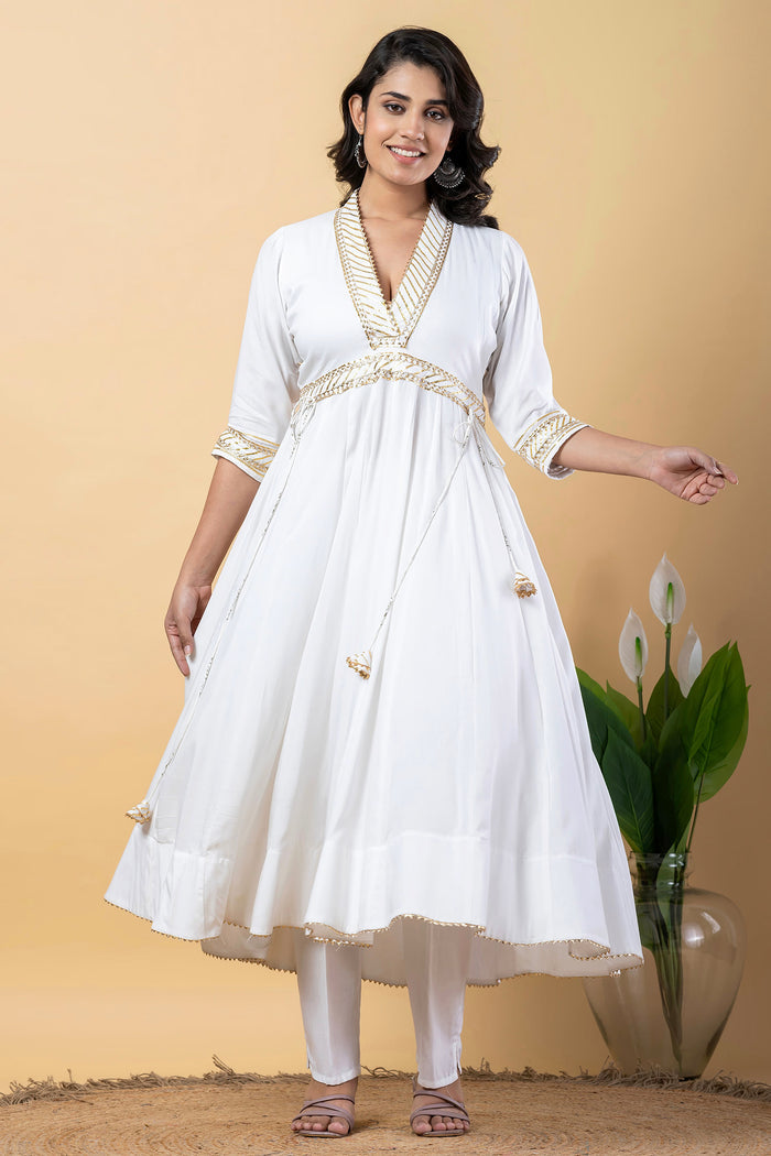 White Rayon Gota Work Anarkali Set