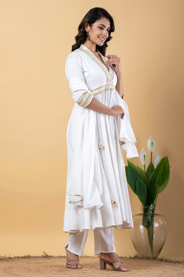 White Rayon Gota Work Anarkali Set