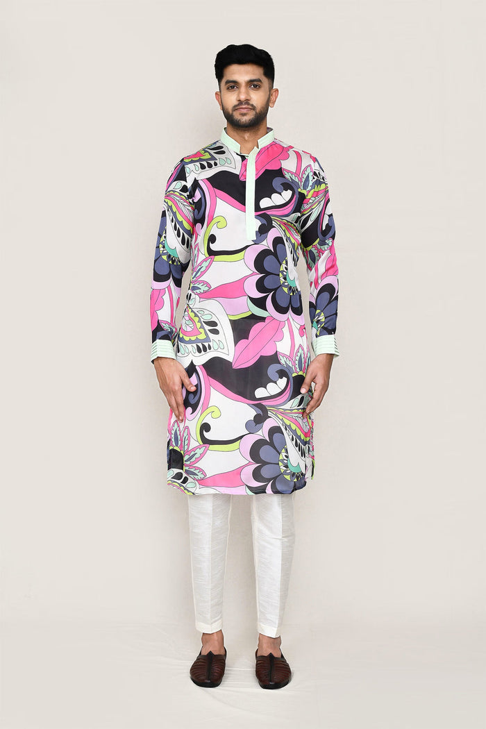 White Satin Silk Printed Kurta Set