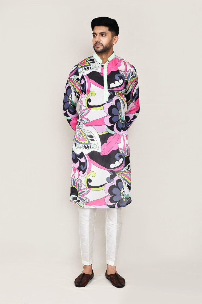White Satin Silk Printed Kurta Set