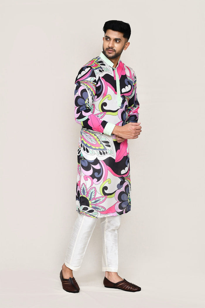White Satin Silk Printed Kurta Set