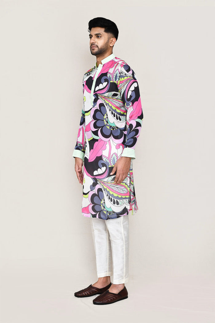 White Satin Silk Printed Kurta Set