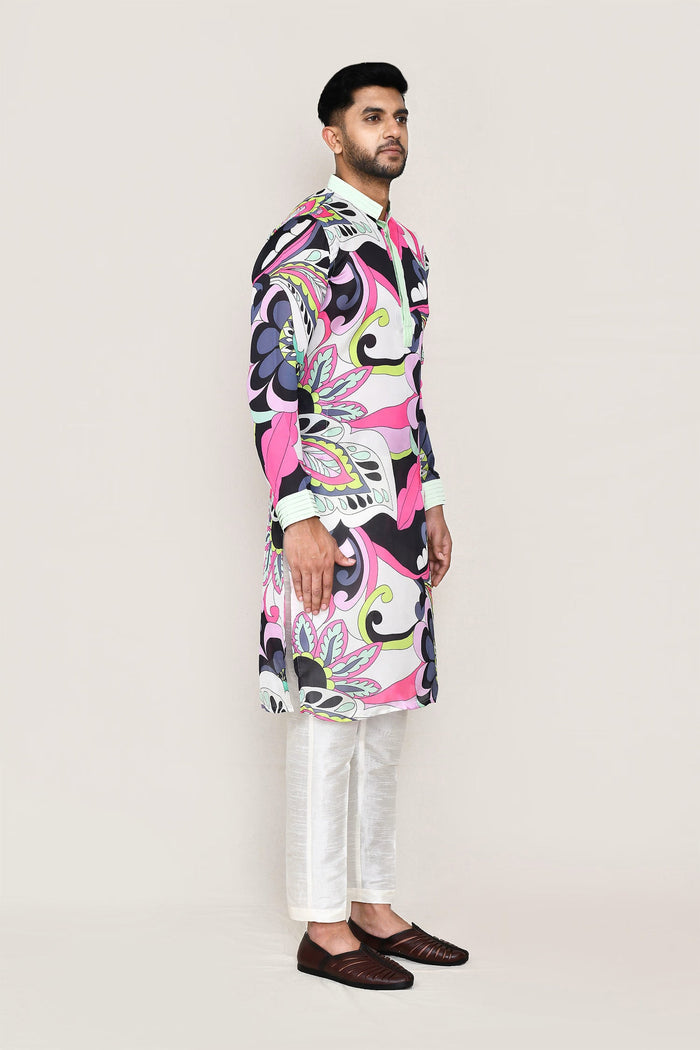 White Satin Silk Printed Kurta Set